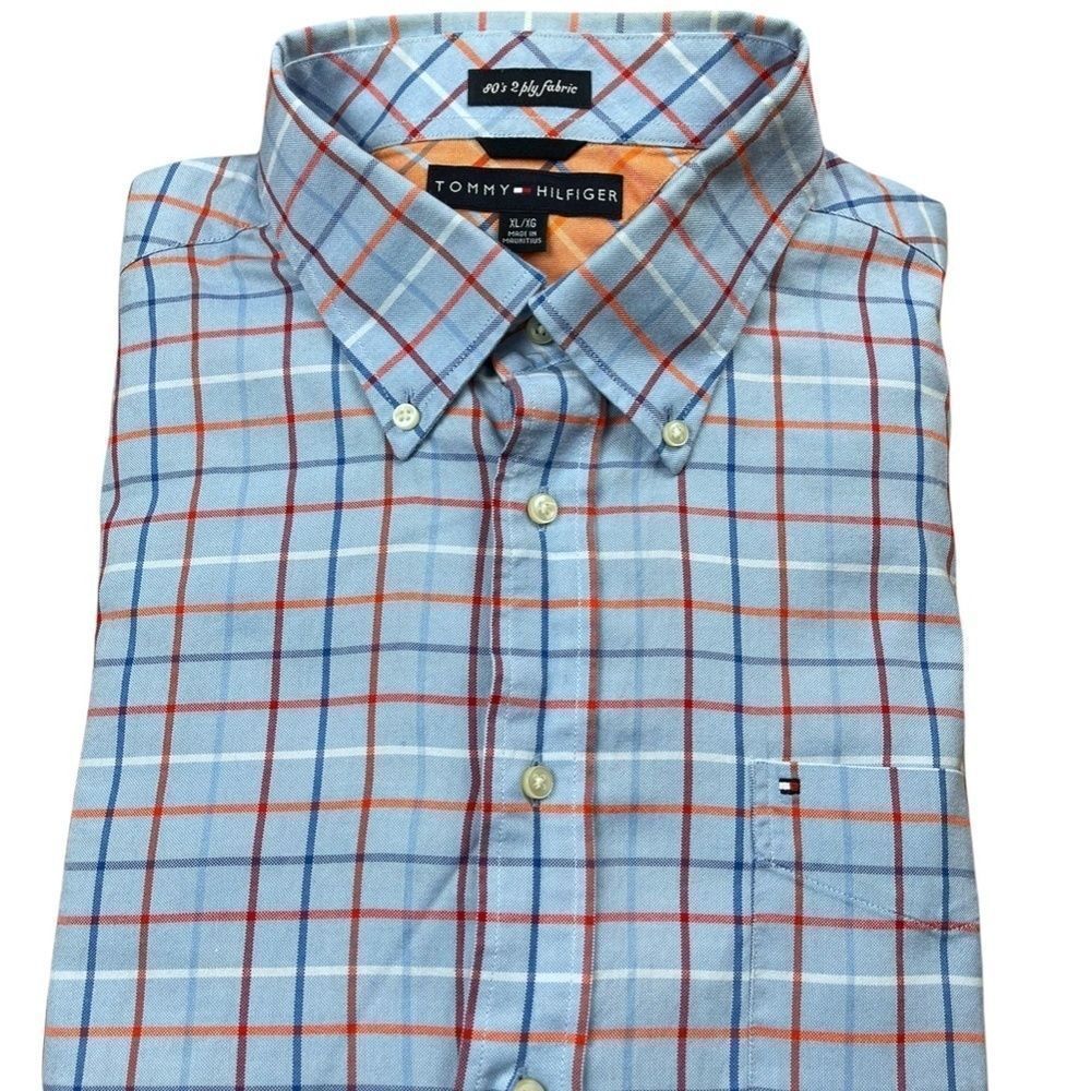 Tommy Hilfiger Shirt Mens Extra Large Size XL Blue Plaid Long Sleeve Button Down